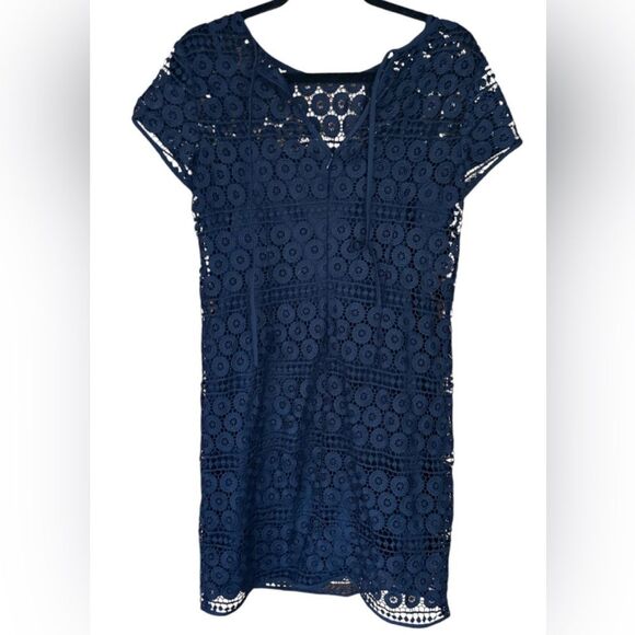 Loft Navy Blue Cap Sleeve Lace Overlay Dress. Size 4. - Picture 4 of 8